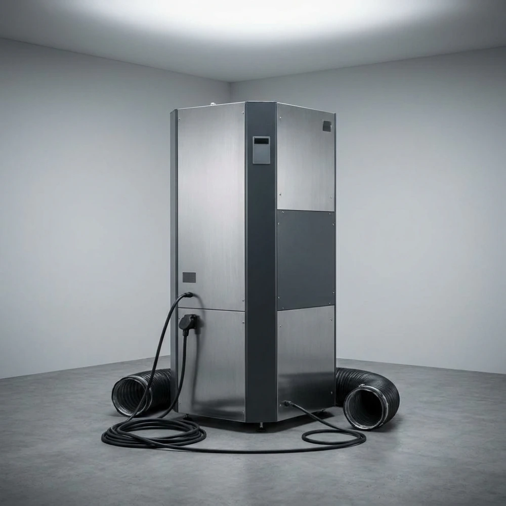 Air scrubber operating inside a room during professional biohazard cleanup