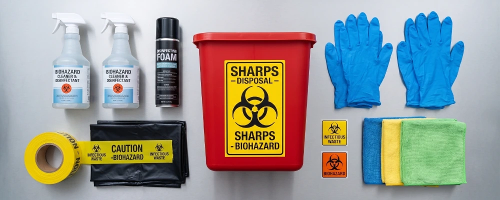 Crime scene cleanup technician performing professional biohazard remediation