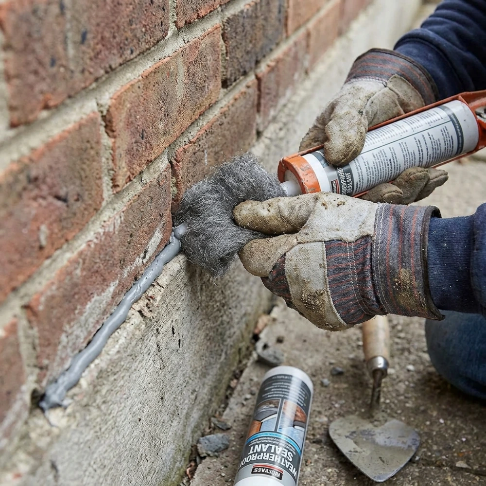 Technician sealing a wall during professional rodent cleanup
