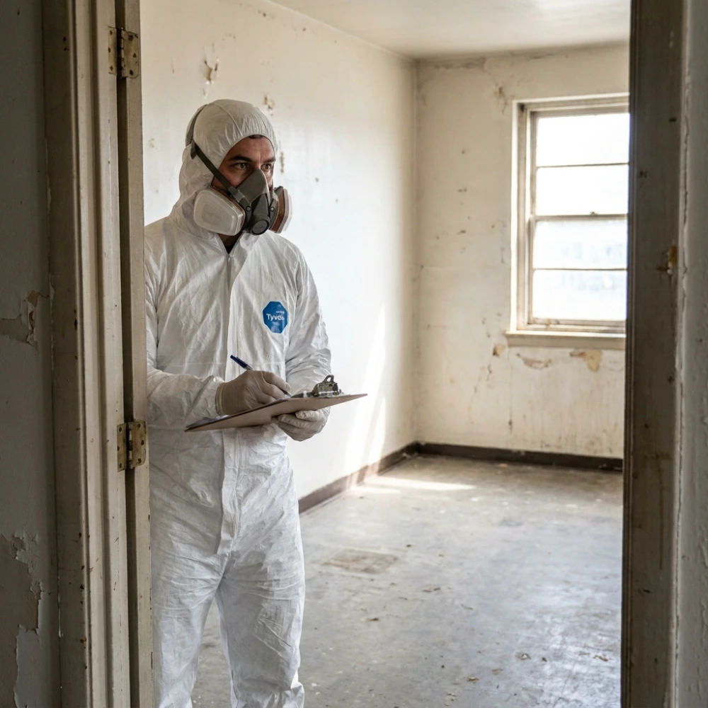 Technician assessing an empty room for professional trauma cleanup