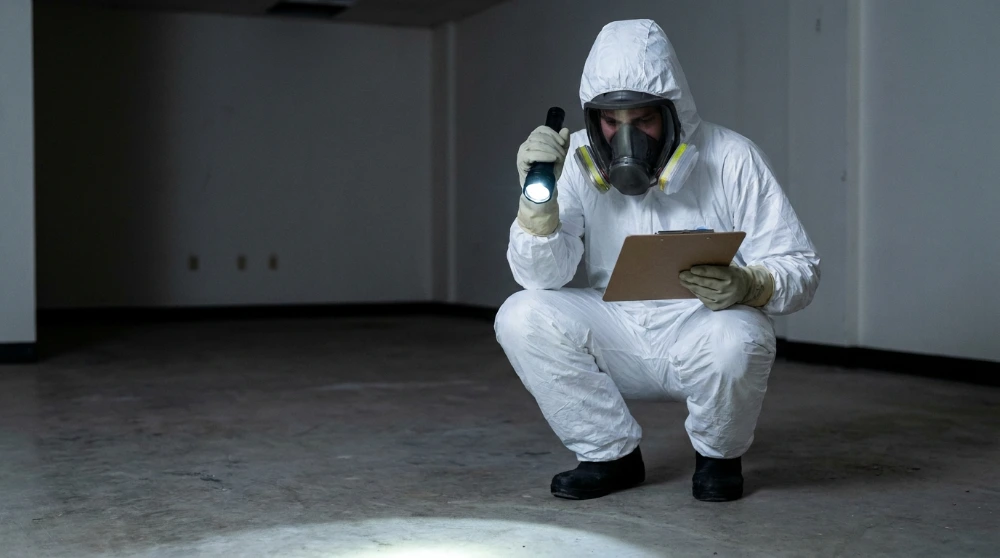 Biohazard cleanup technician inspecting an affected floor