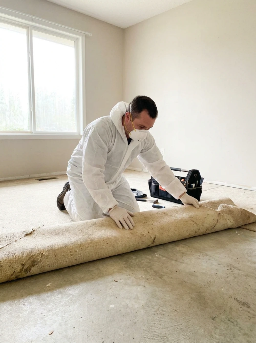 Biohazard cleanup technician removing contaminated carpet