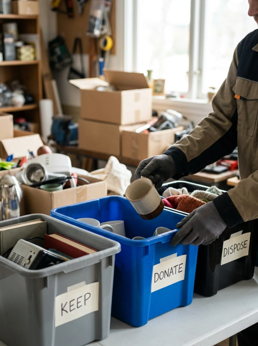Professional hoarding cleanup technician sorting items into bins