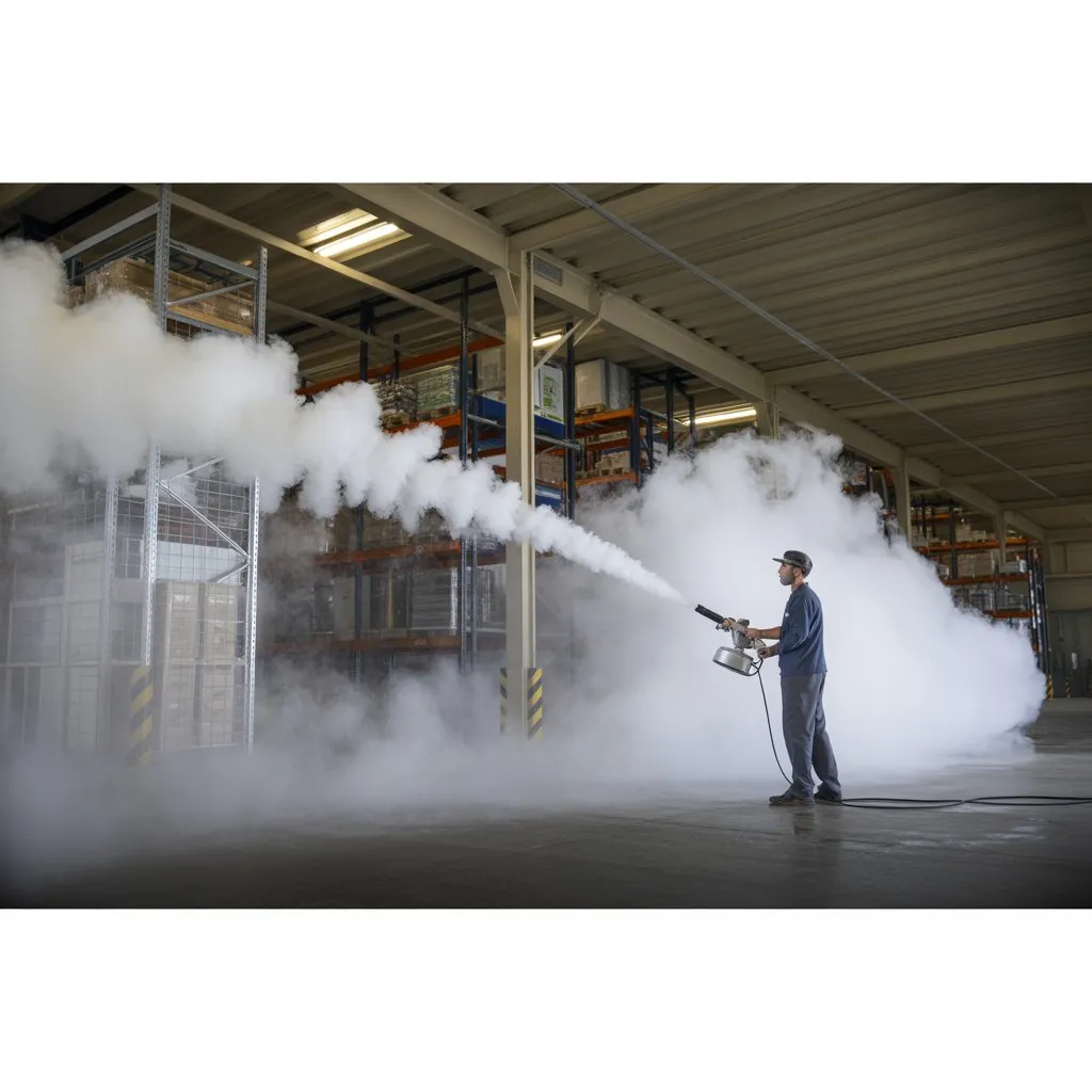 When Is Disinfectant Fogging Used? 1 Disinfectant fogging equipment releasing a fine mist during a treatment
