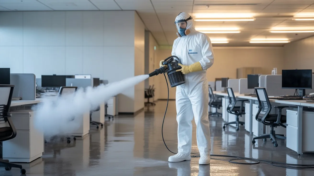 When Is Disinfectant Fogging Used? 3 Disinfectant fogging being applied across a large commercial area